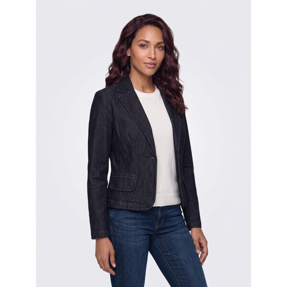 Bisou Bisou Denim Blazer Jacket Women 8 Black Dark Wash Single Button Stretch